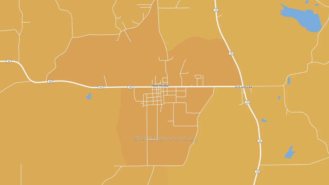 Map of the best neighborhoods in the New Houlka area, with better matches in green and worse matches in red
