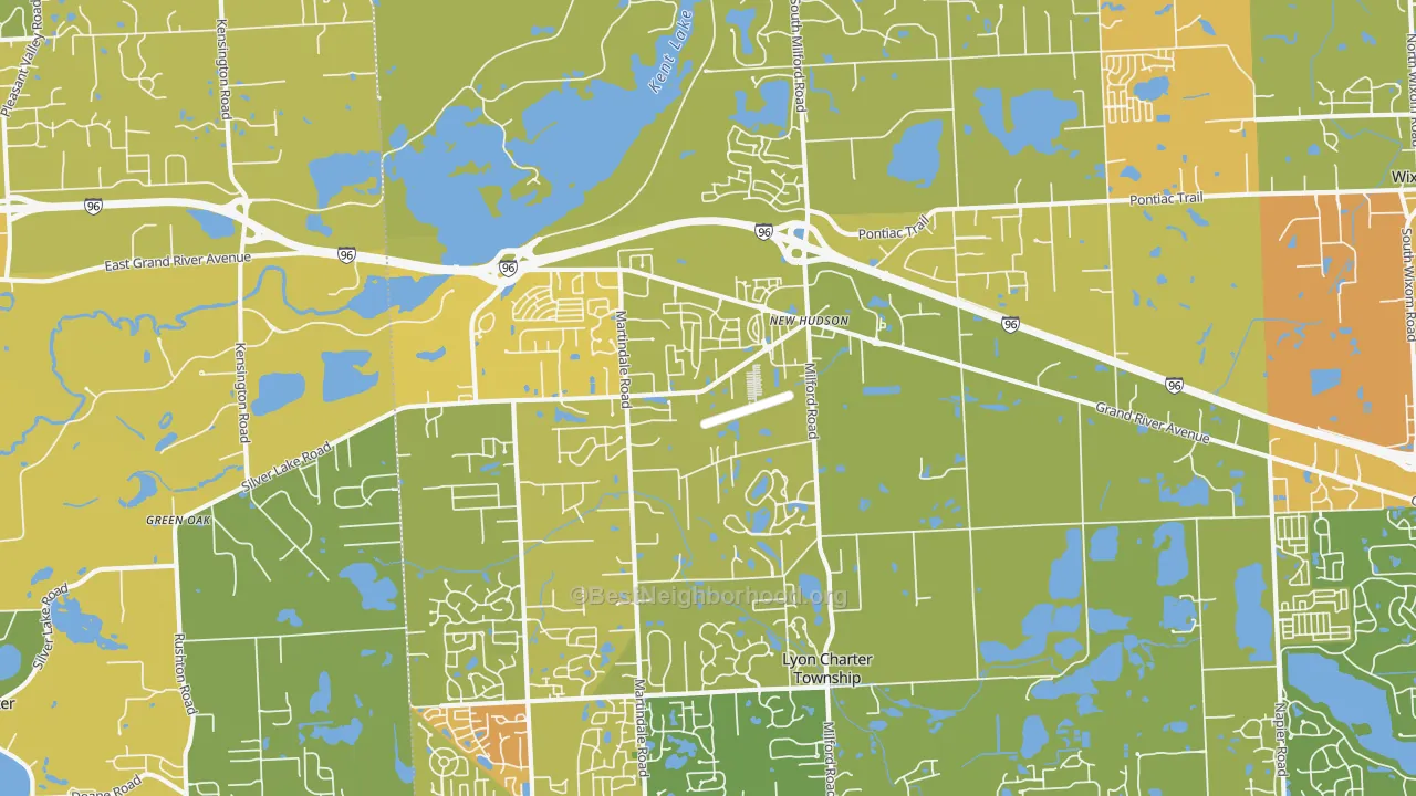 Map of the best neighborhoods in the New Hudson area, with better matches in green and worse matches in red