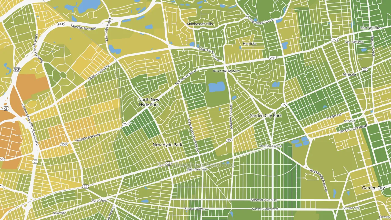 Map of the best neighborhoods in the New Hyde Park area, with better matches in green and worse matches in red