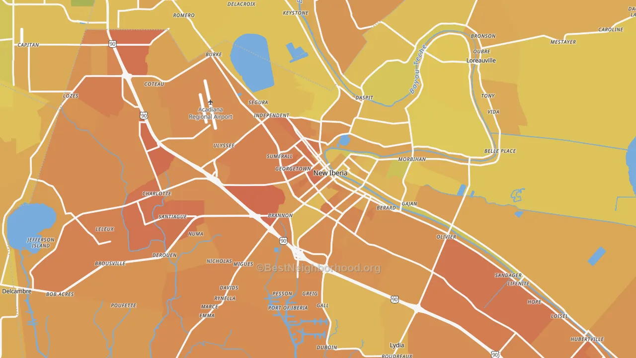 Map of the best neighborhoods in the New Iberia area, with better matches in green and worse matches in red
