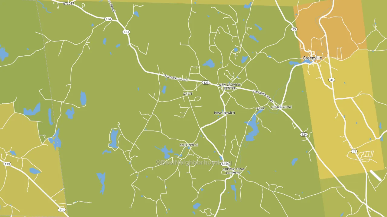 Map of the best neighborhoods in the New Ipswich area, with better matches in green and worse matches in red