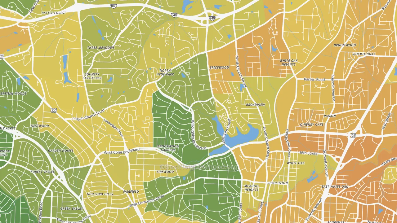 Map of the best neighborhoods in the New Irving Park, Greensboro area, with better matches in green and worse matches in red