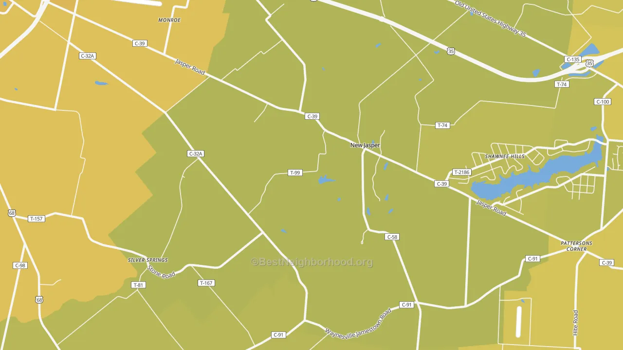 Map of the best neighborhoods in the New Jasper area, with better matches in green and worse matches in red