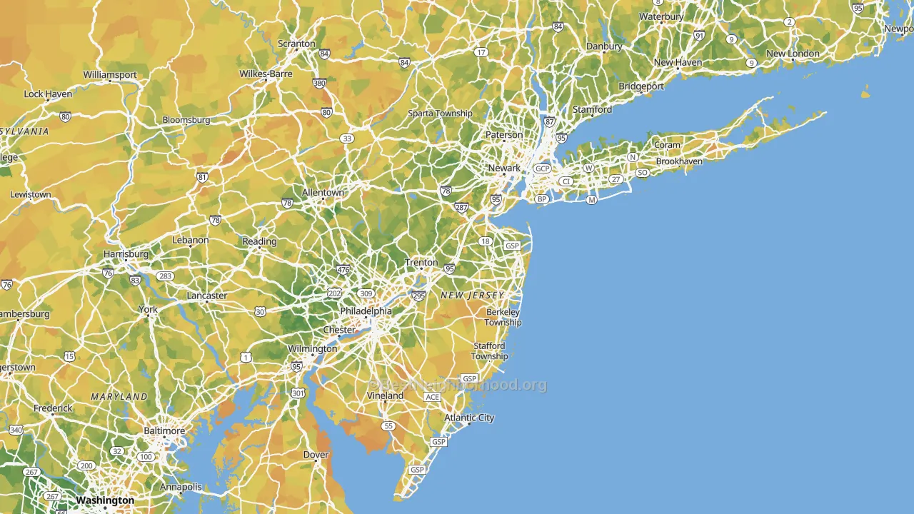 Map of the best neighborhoods in the New Jersey area, with better matches in green and worse matches in red