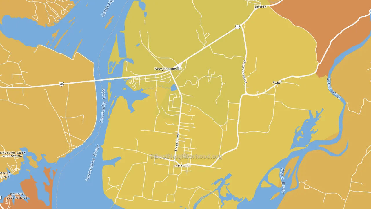 Map of the best neighborhoods in the New Johnsonville area, with better matches in green and worse matches in red