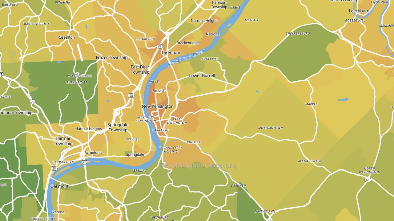 Map of the best neighborhoods in the New Kensington area, with better matches in green and worse matches in red
