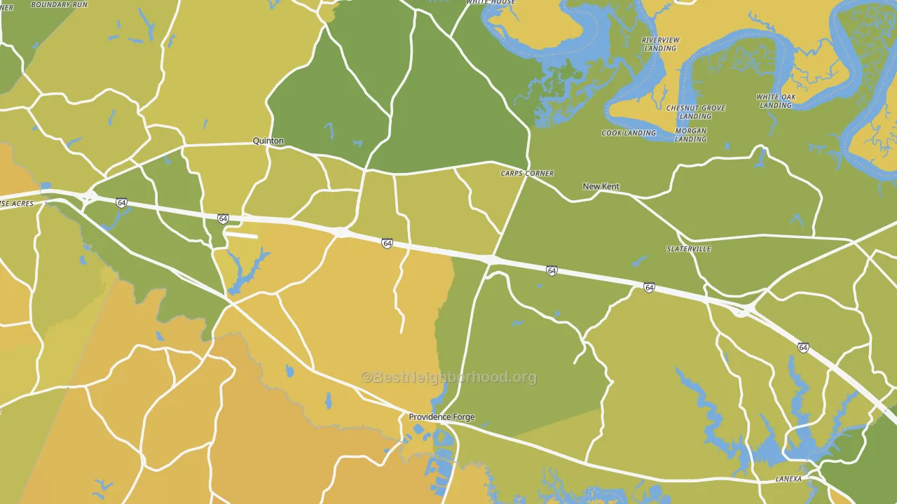Map of the best neighborhoods in the New Kent County area, with better matches in green and worse matches in red