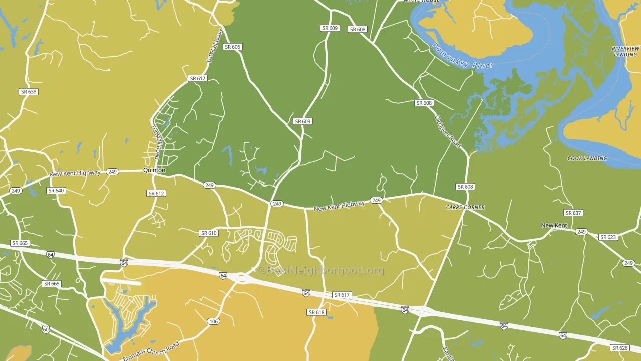 Map of the best neighborhoods in the New Kent area, with better matches in green and worse matches in red