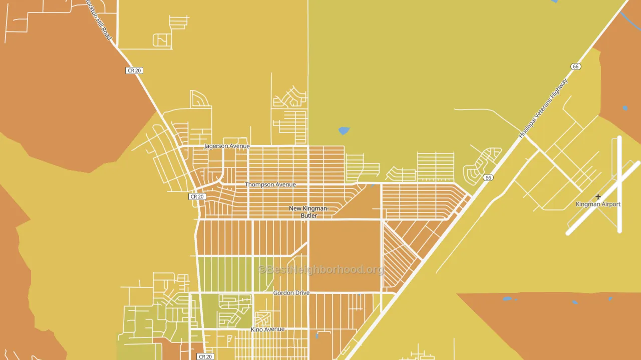 Map of the best neighborhoods in the New Kingman-Butler area, with better matches in green and worse matches in red