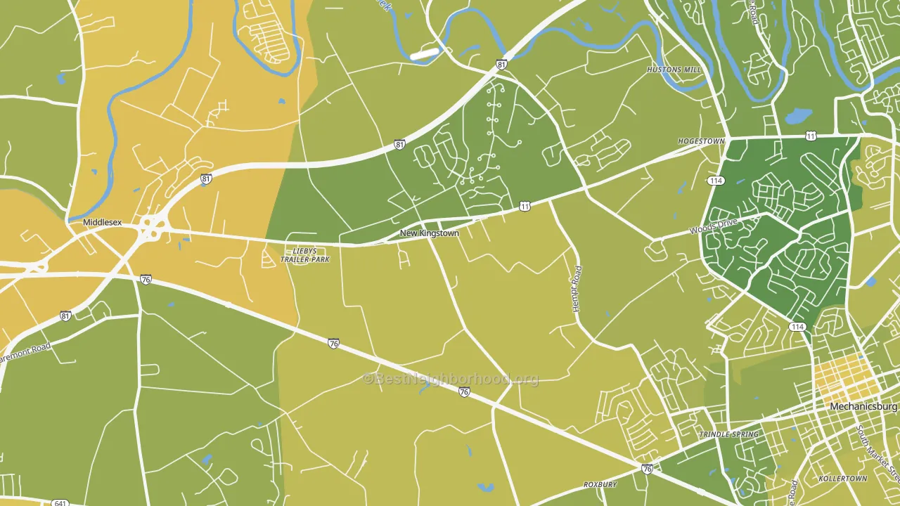 Map of the best neighborhoods in the New Kingstown area, with better matches in green and worse matches in red