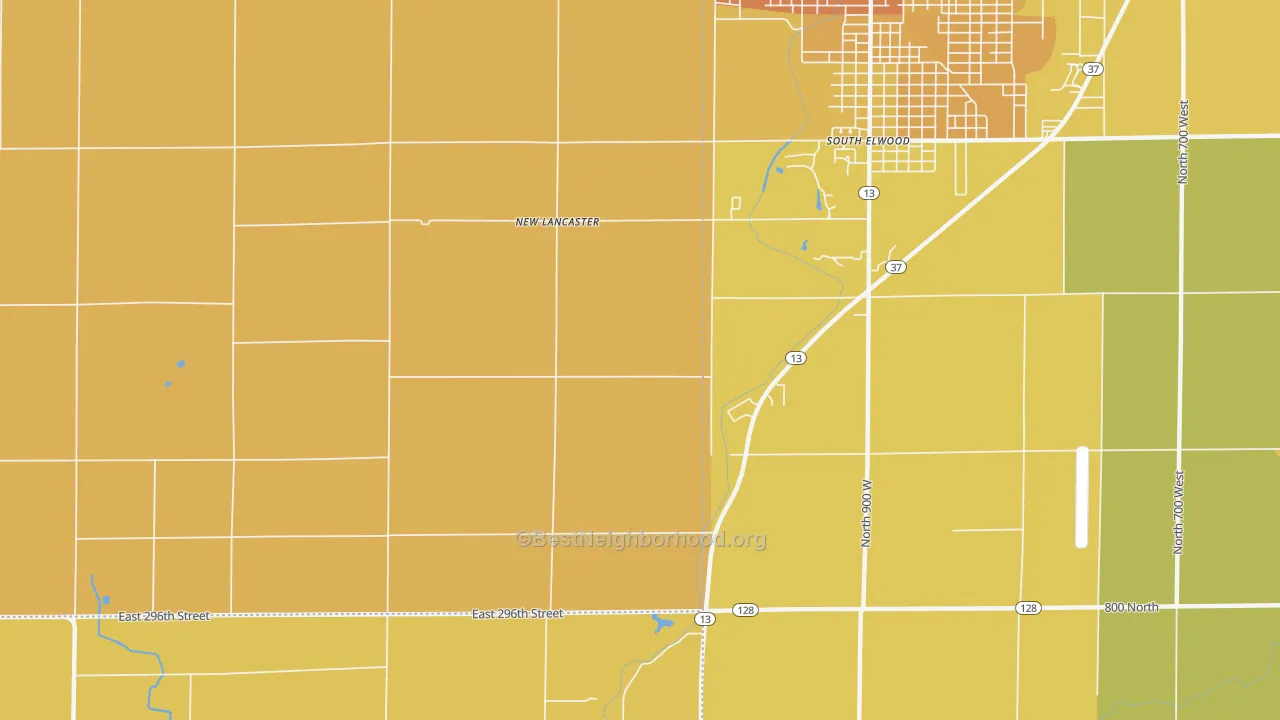 Map of the best neighborhoods in the New Lancaster area, with better matches in green and worse matches in red