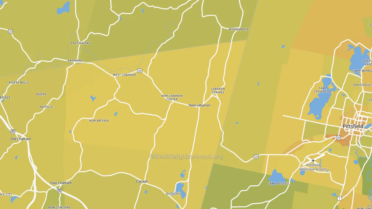 Map of the best neighborhoods in the New Lebanon area, with better matches in green and worse matches in red