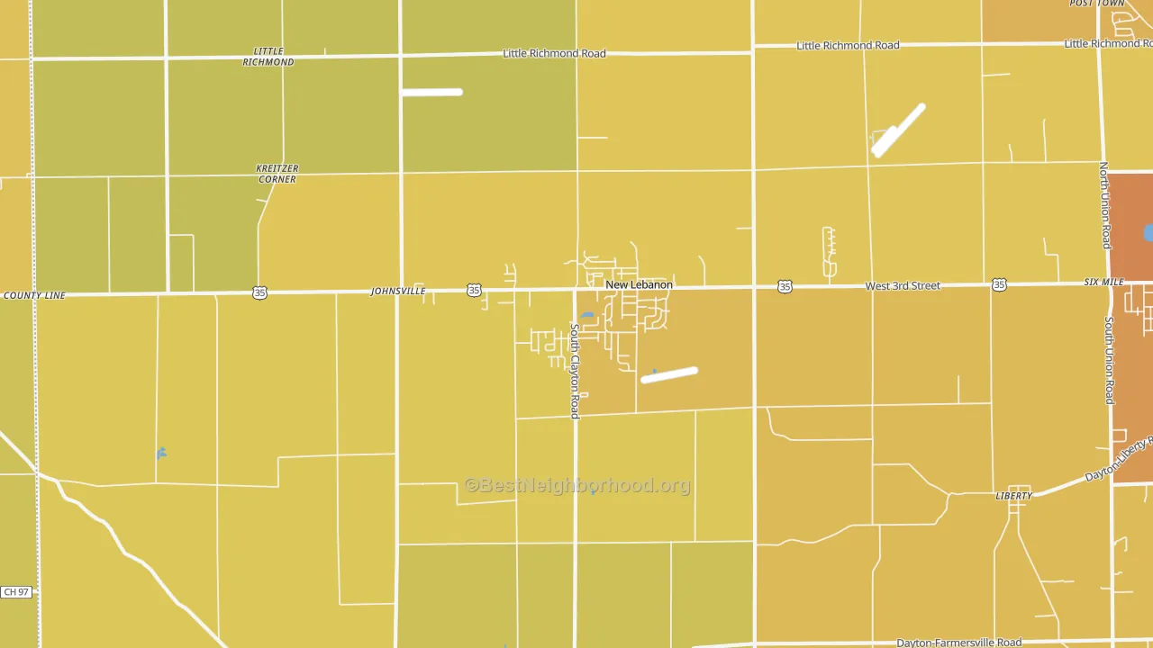 Map of the best neighborhoods in the New Lebanon area, with better matches in green and worse matches in red