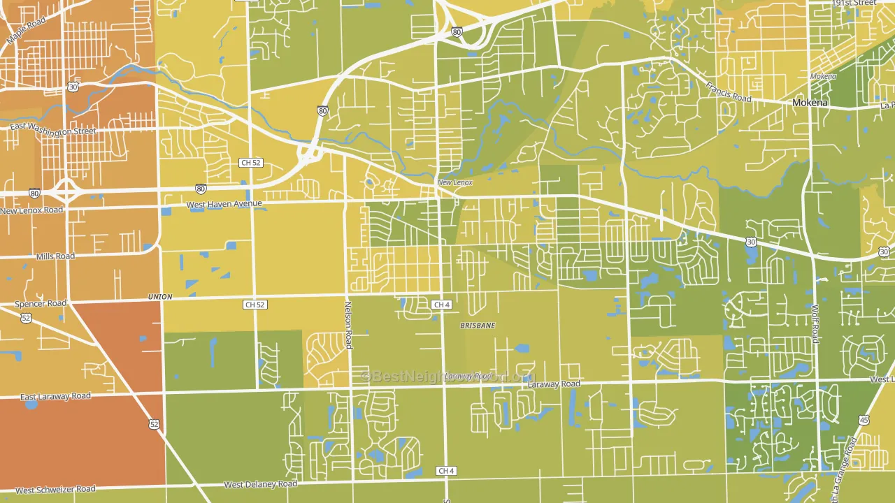 Map of the best neighborhoods in the New Lenox area, with better matches in green and worse matches in red
