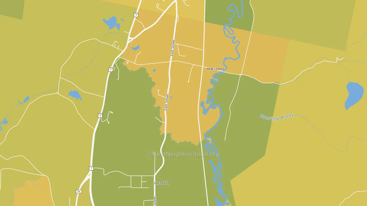 Map of the best neighborhoods in the New Lenox area, with better matches in green and worse matches in red