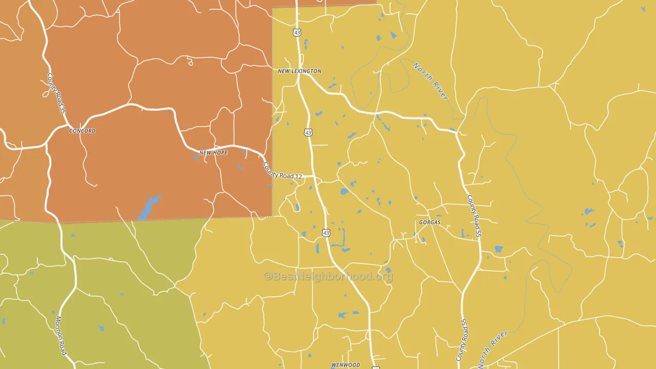 Map of the best neighborhoods in the New Lexington area, with better matches in green and worse matches in red