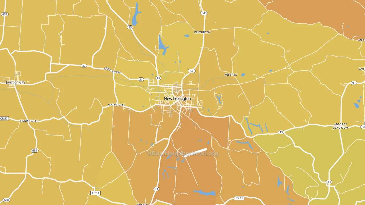 Map of the best neighborhoods in the New Lexington area, with better matches in green and worse matches in red