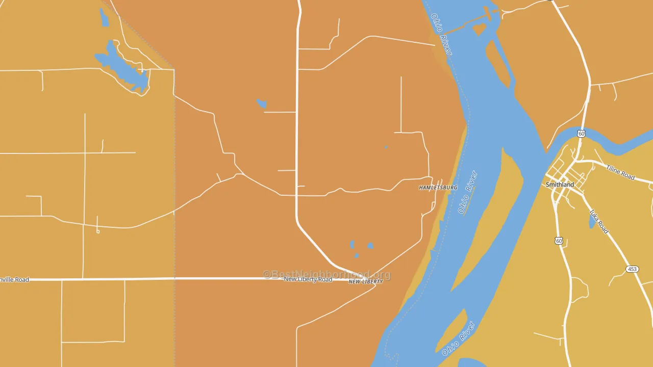 Map of the best neighborhoods in the New Liberty area, with better matches in green and worse matches in red