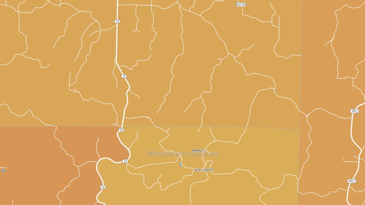 Map of the best neighborhoods in the New Liberty area, with better matches in green and worse matches in red