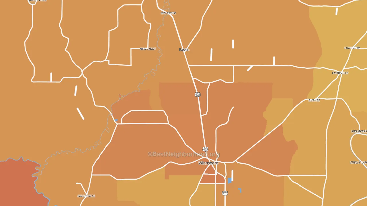 Map of the best neighborhoods in the New Light area, with better matches in green and worse matches in red
