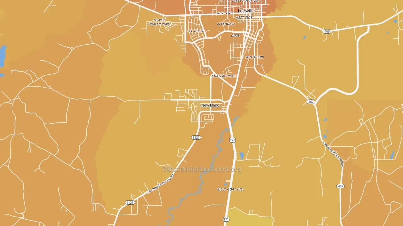 Map of the best neighborhoods in the New Llano area, with better matches in green and worse matches in red