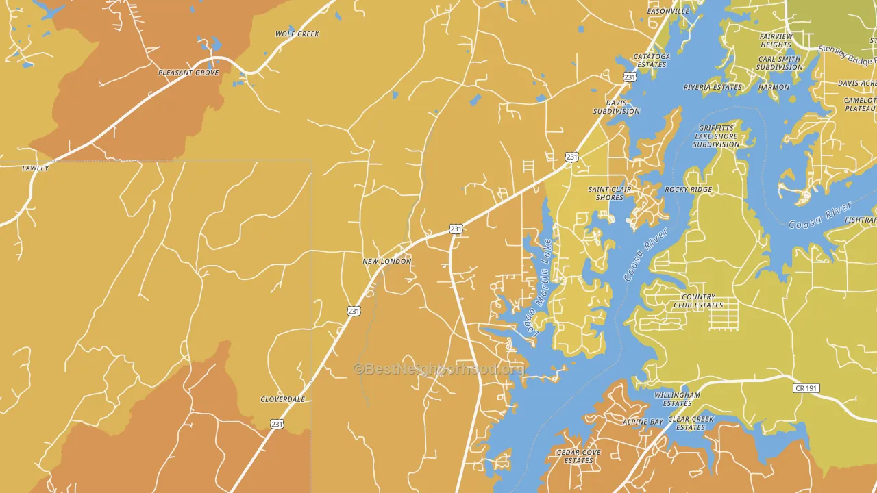 Map of the best neighborhoods in the New London area, with better matches in green and worse matches in red