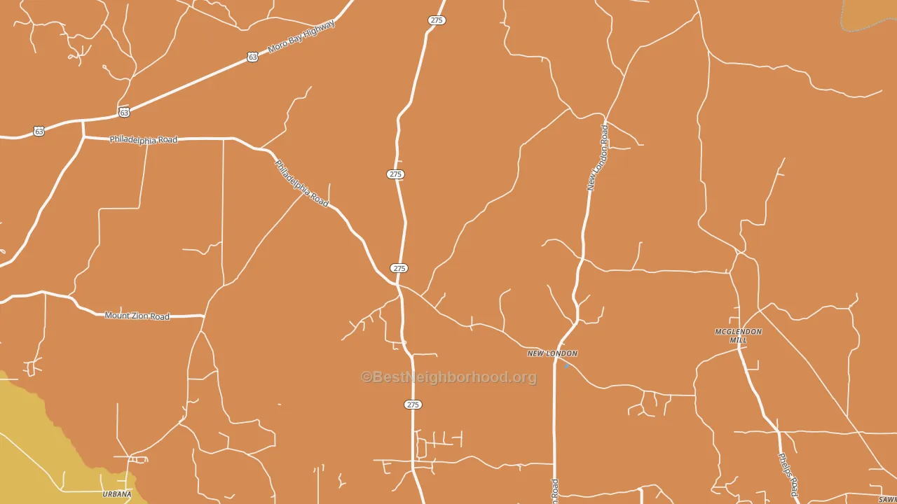 Map of the best neighborhoods in the New London area, with better matches in green and worse matches in red