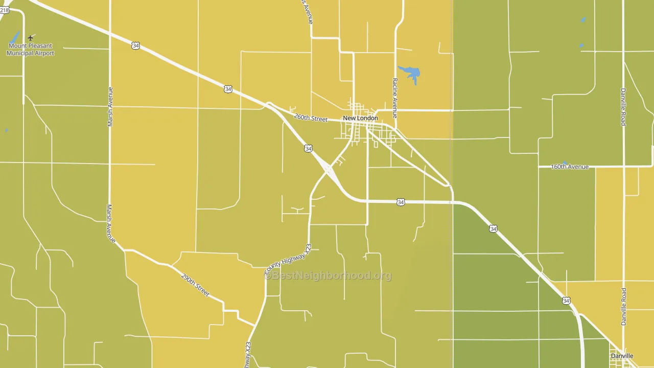 Map of the best neighborhoods in the New London area, with better matches in green and worse matches in red