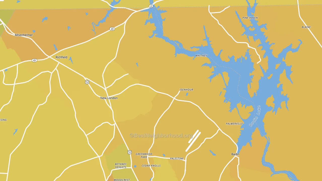 Map of the best neighborhoods in the New London area, with better matches in green and worse matches in red