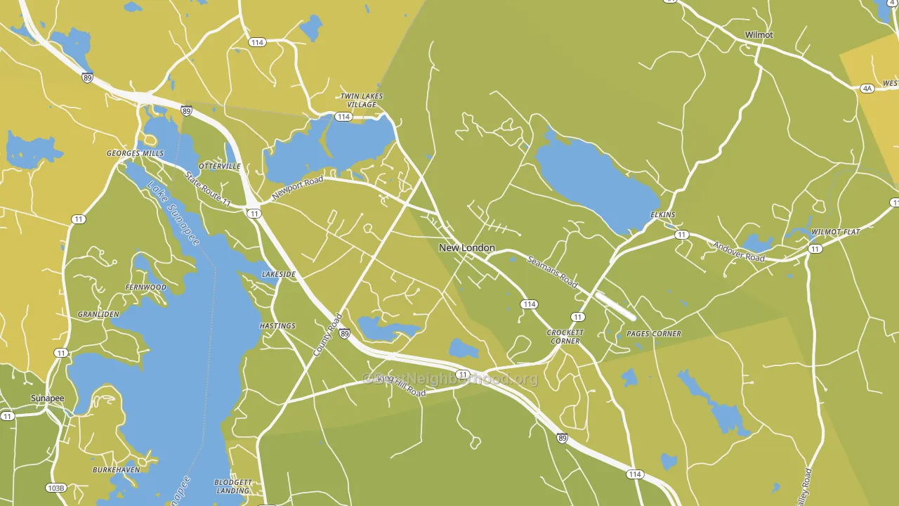 Map of the best neighborhoods in the New London area, with better matches in green and worse matches in red