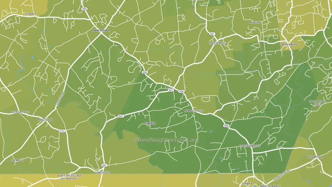 Map of the best neighborhoods in the New London area, with better matches in green and worse matches in red