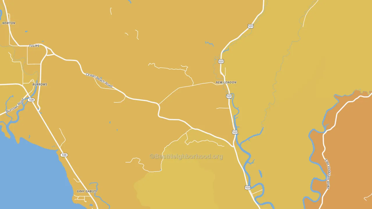Map of the best neighborhoods in the New London area, with better matches in green and worse matches in red