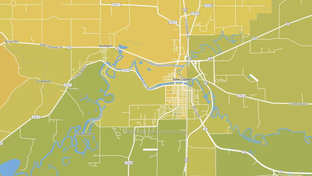 Map of the best neighborhoods in the New London area, with better matches in green and worse matches in red