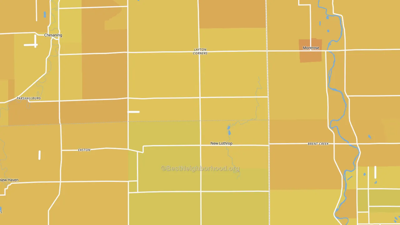 Map of the best neighborhoods in the New Lothrop area, with better matches in green and worse matches in red