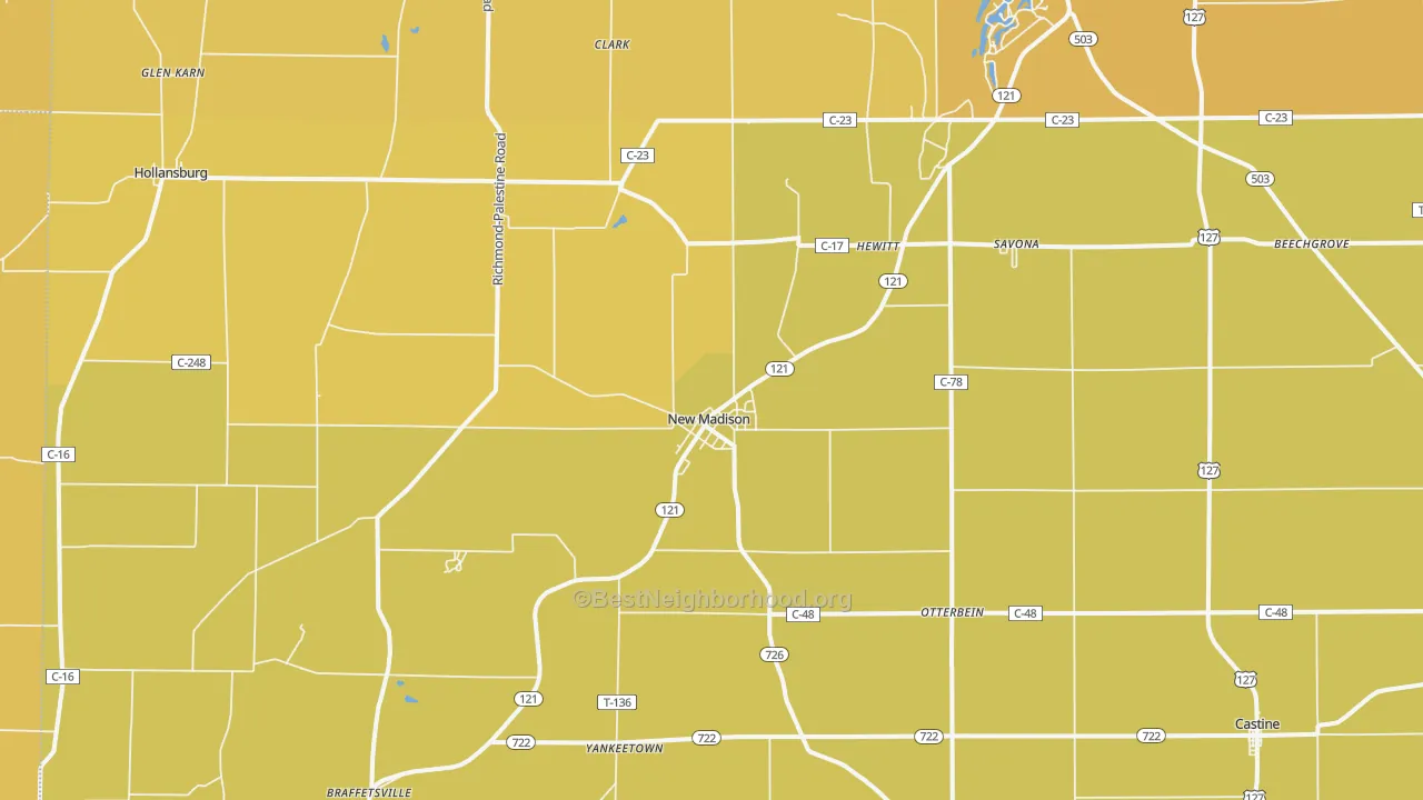 Map of the best neighborhoods in the New Madison area, with better matches in green and worse matches in red