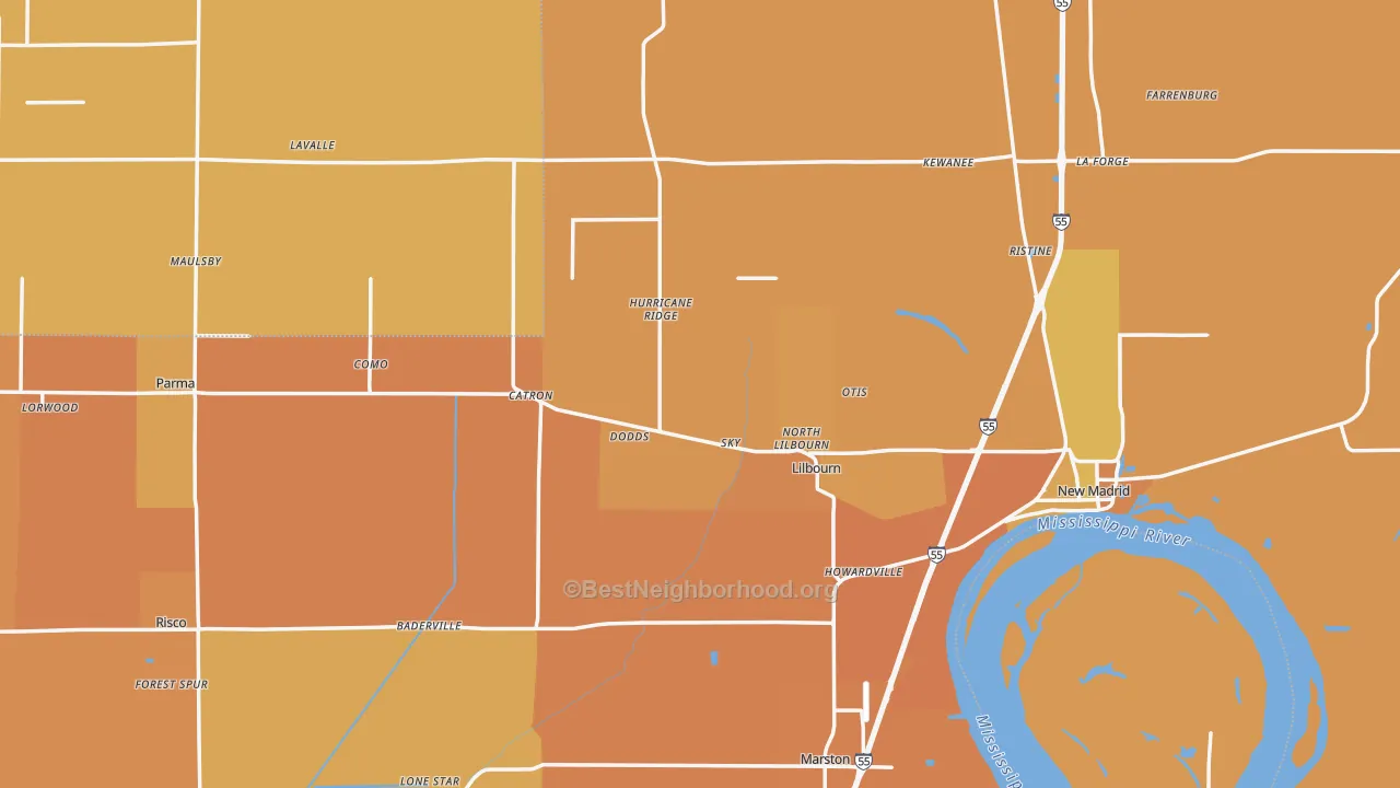 Map of the best neighborhoods in the New Madrid County area, with better matches in green and worse matches in red