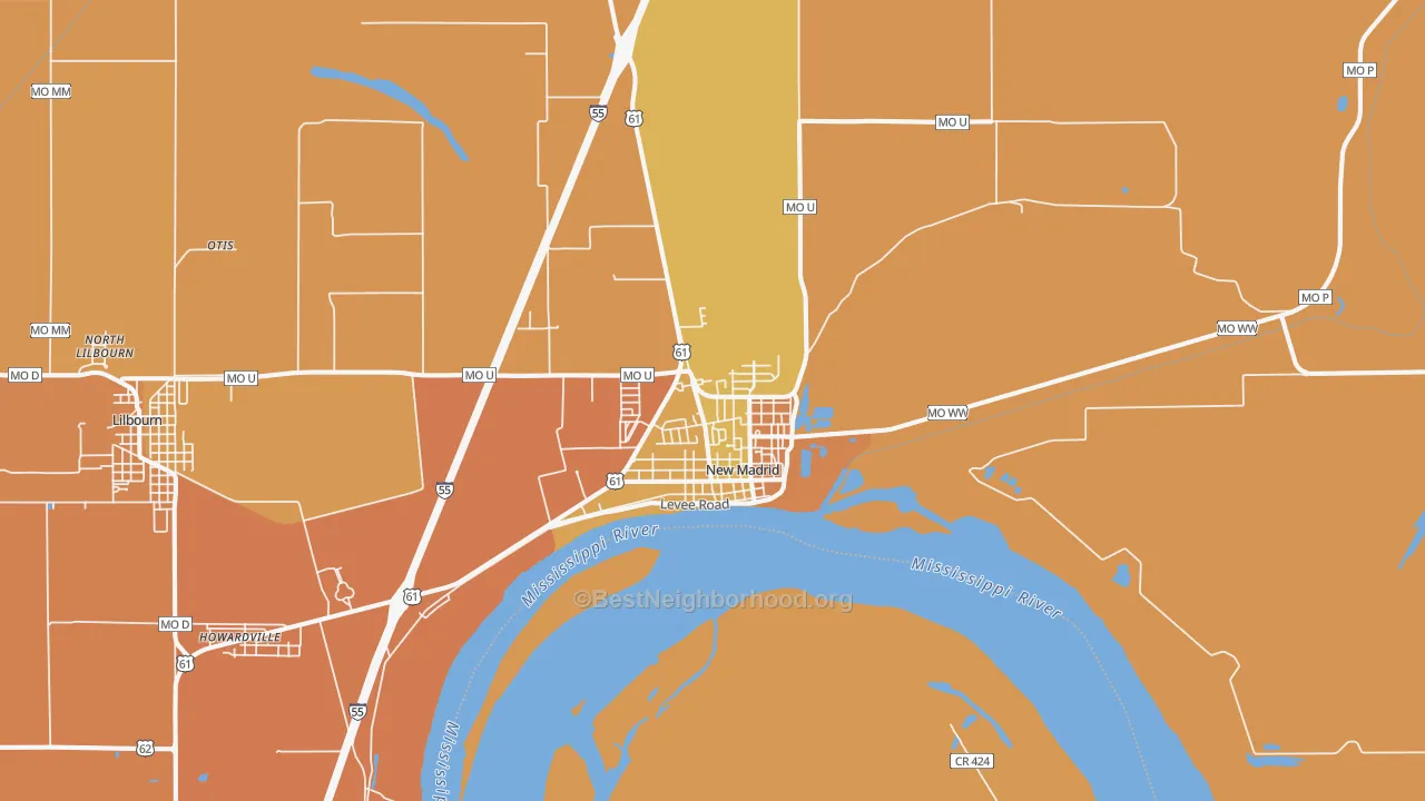 Map of the best neighborhoods in the New Madrid area, with better matches in green and worse matches in red