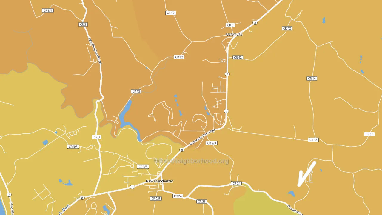 Map of the best neighborhoods in the New Manchester area, with better matches in green and worse matches in red