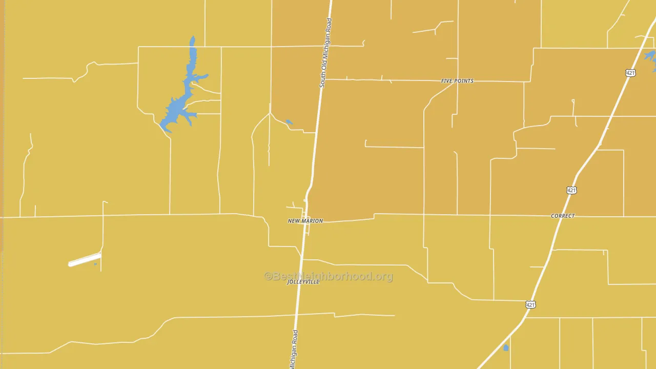 Map of the best neighborhoods in the New Marion area, with better matches in green and worse matches in red
