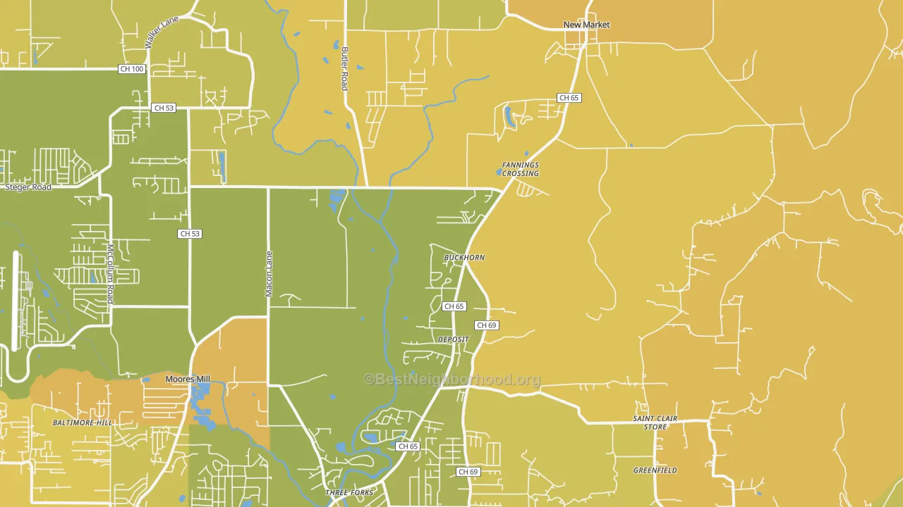 Map of the best neighborhoods in the New Market area, with better matches in green and worse matches in red