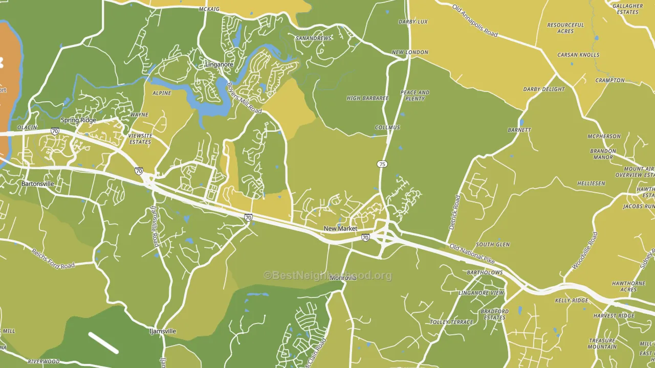 Map of the best neighborhoods in the New Market area, with better matches in green and worse matches in red