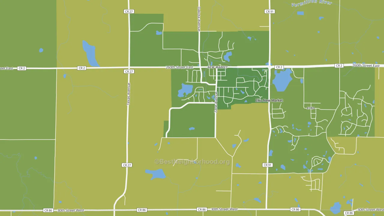 Map of the best neighborhoods in the New Market area, with better matches in green and worse matches in red