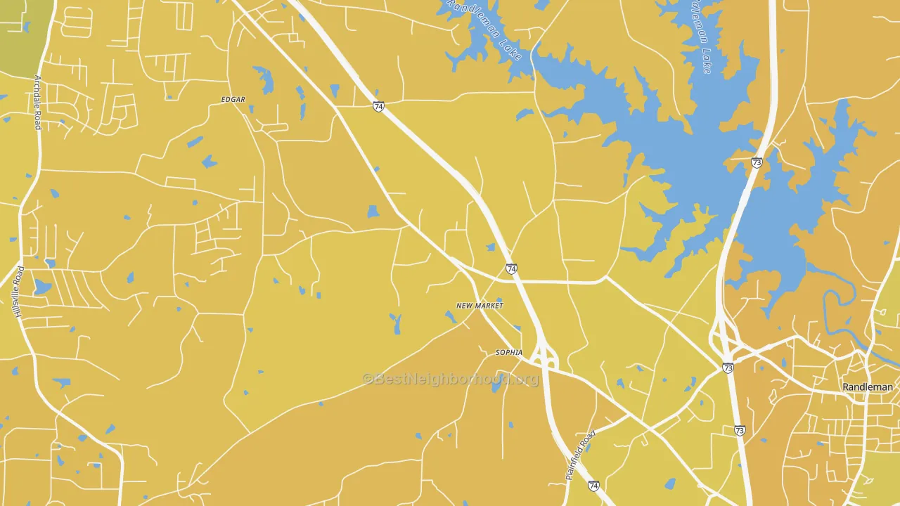 Map of the best neighborhoods in the New Market area, with better matches in green and worse matches in red