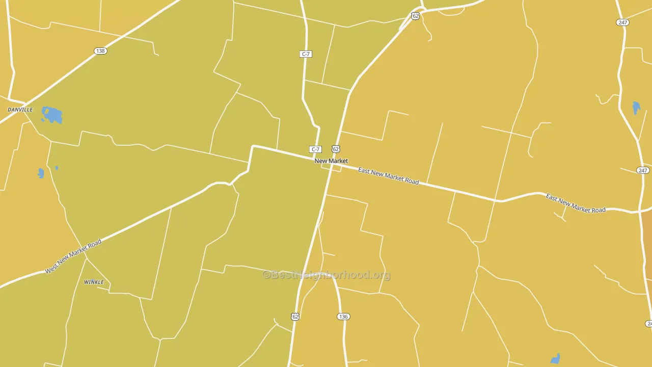 Map of the best neighborhoods in the New Market area, with better matches in green and worse matches in red