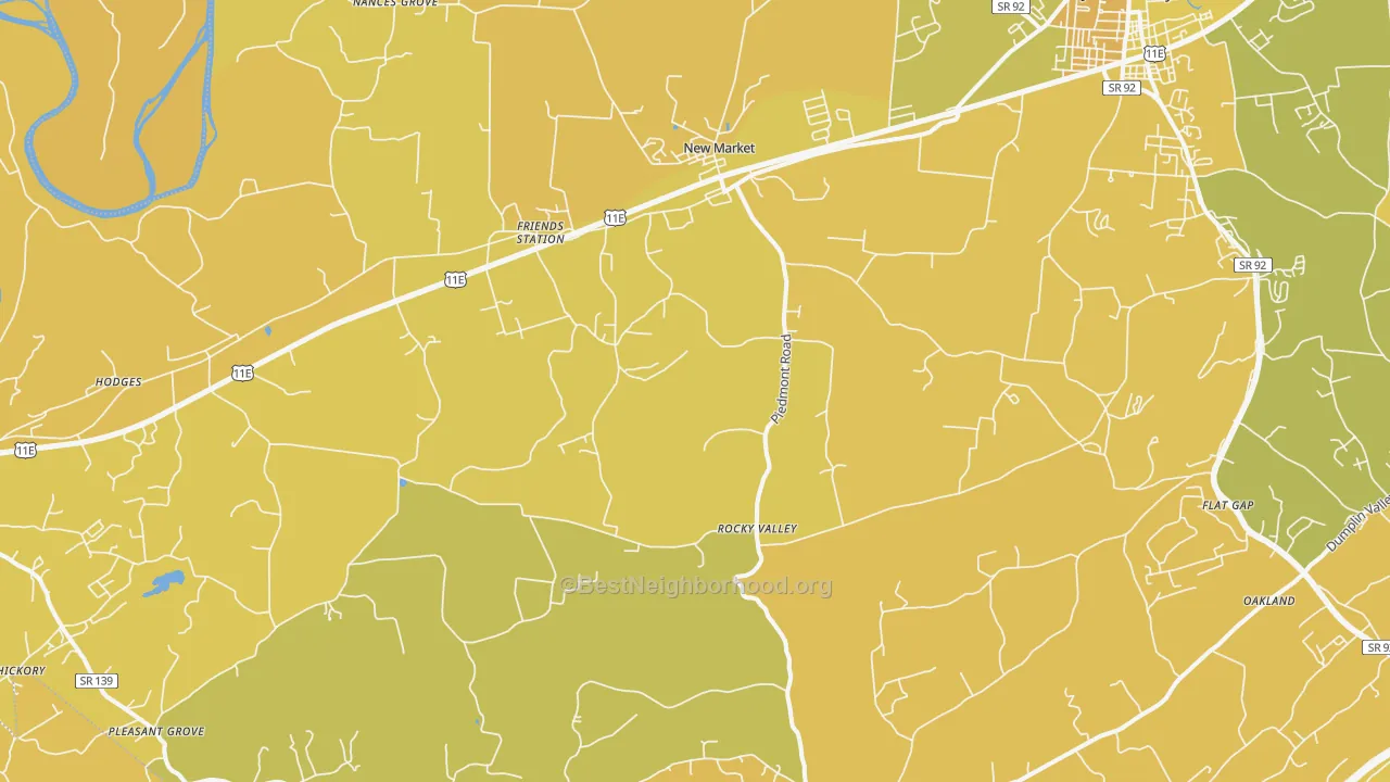 Map of the best neighborhoods in the New Market area, with better matches in green and worse matches in red