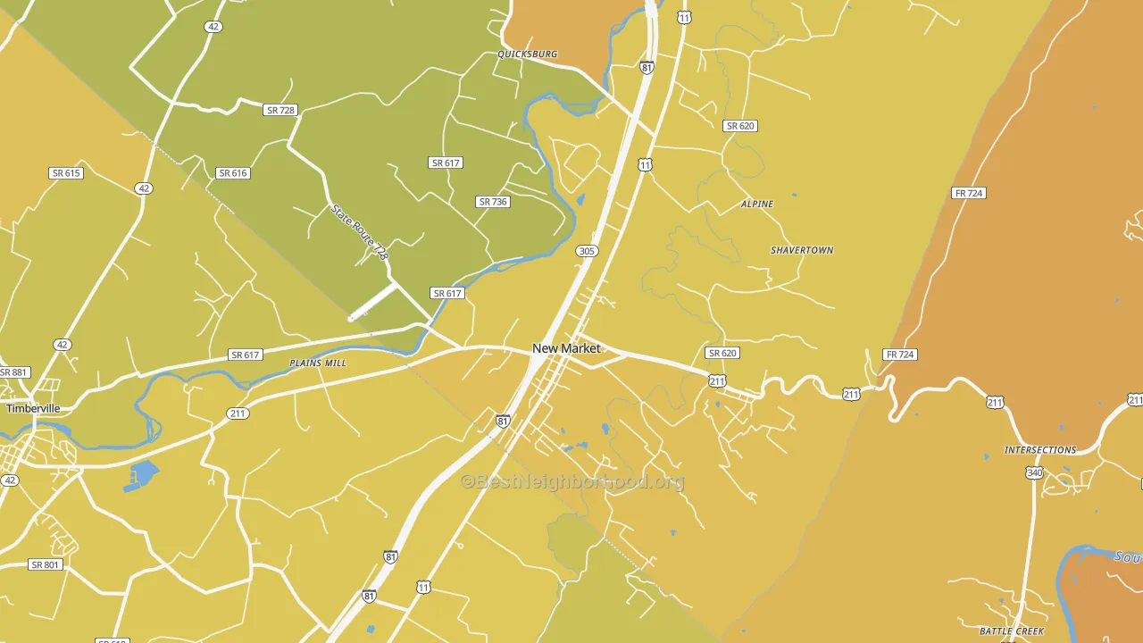Map of the best neighborhoods in the New Market area, with better matches in green and worse matches in red