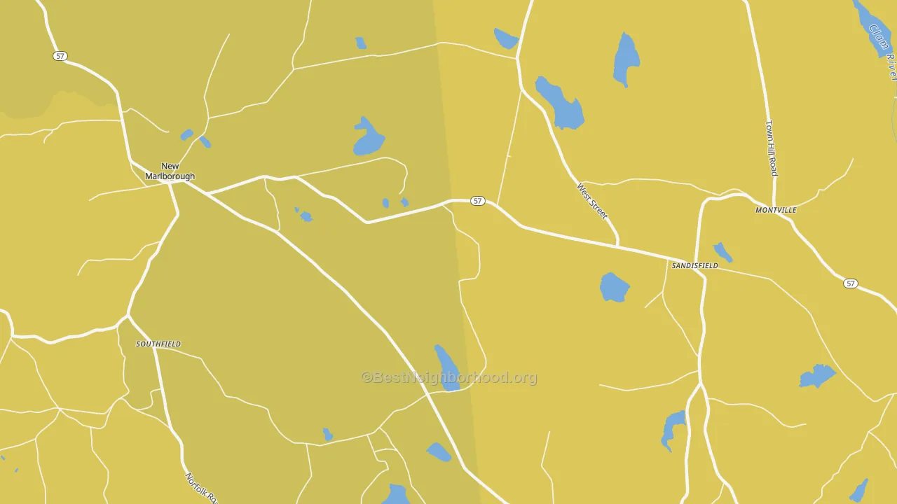 Map of the best neighborhoods in the New Marlboro area, with better matches in green and worse matches in red