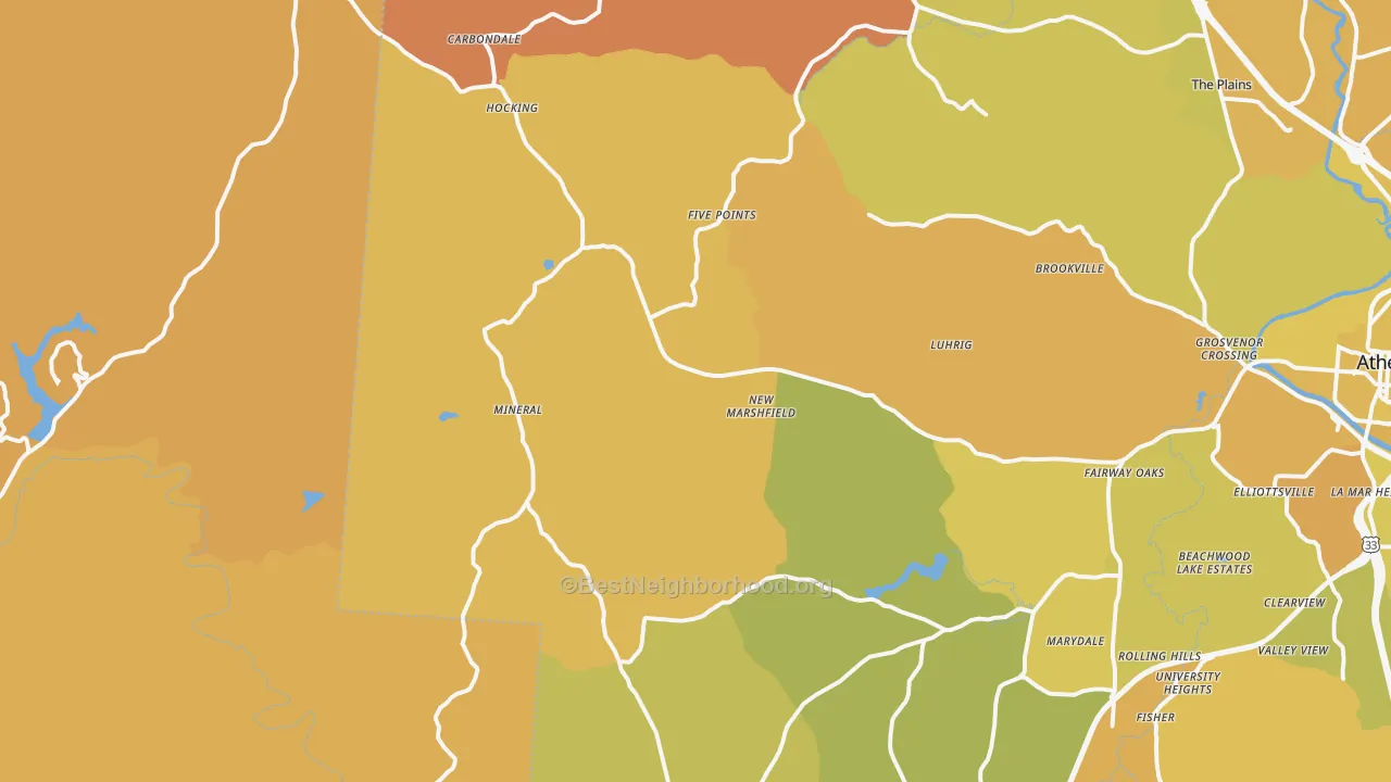 Map of the best neighborhoods in the New Marshfield area, with better matches in green and worse matches in red
