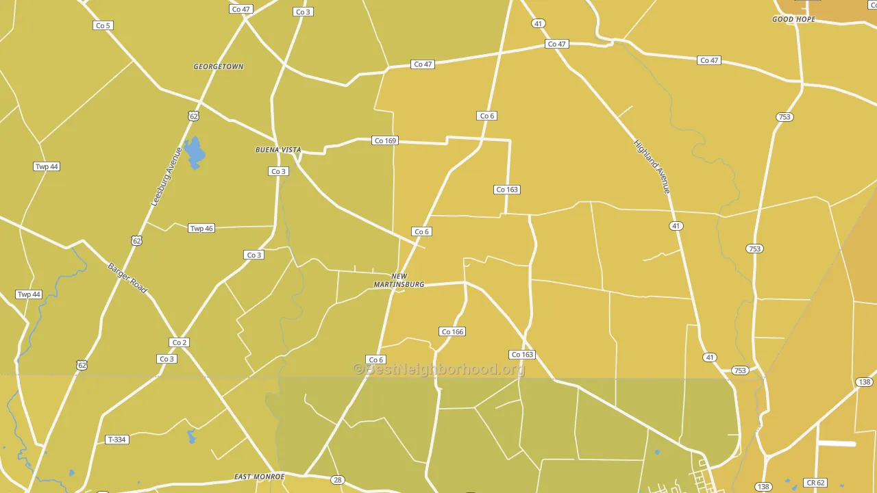 Map of the best neighborhoods in the New Martinsburg area, with better matches in green and worse matches in red