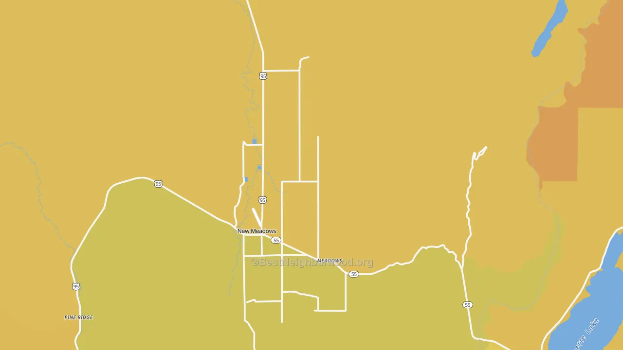 Map of the best neighborhoods in the New Meadows area, with better matches in green and worse matches in red